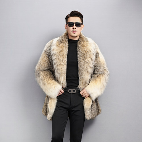 猞猁大衣男士进口皮草长款翻领