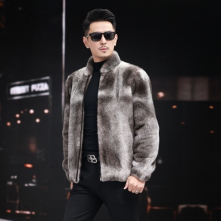 进口丹麦星辰貂本色十字貂皮草男士冬季棒球领短款水貂夹克外套