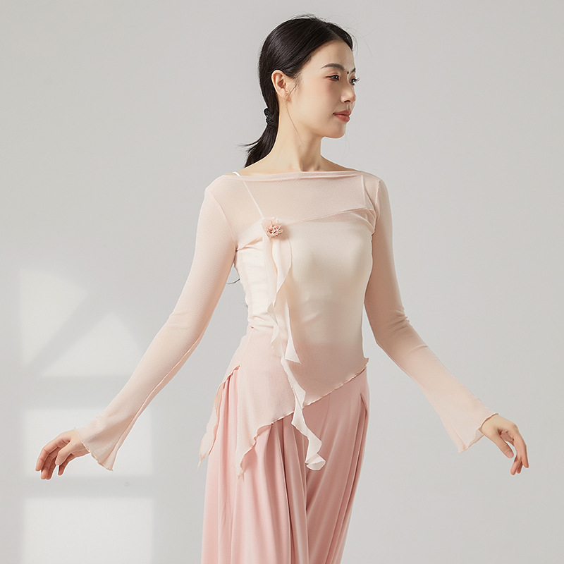 古典舞身韵网纱花朵长袖日常形体上衣中国舞现代舞练功服