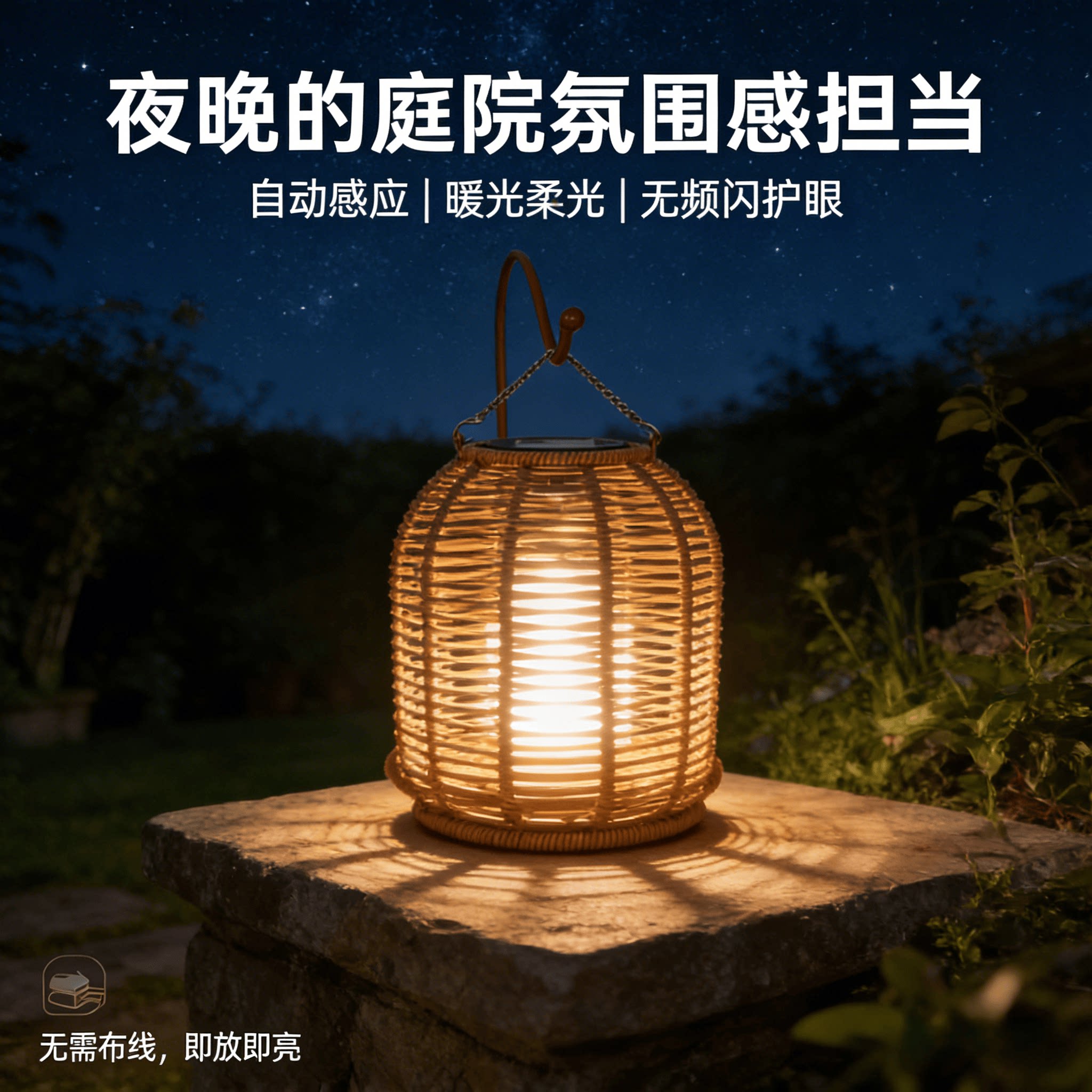 藤编太阳能户外灯庭院悬挂氛围灯卧室床头置物收纳灯盆栽装饰灯