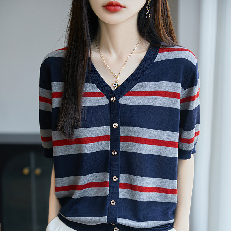 天丝V领条纹短袖T恤女夏显瘦