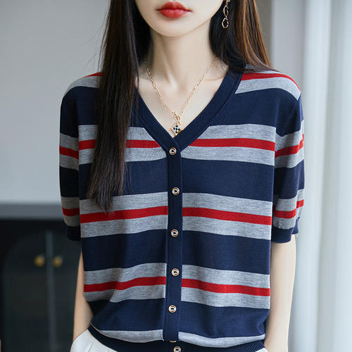 天丝V领条纹短袖T恤女夏显瘦