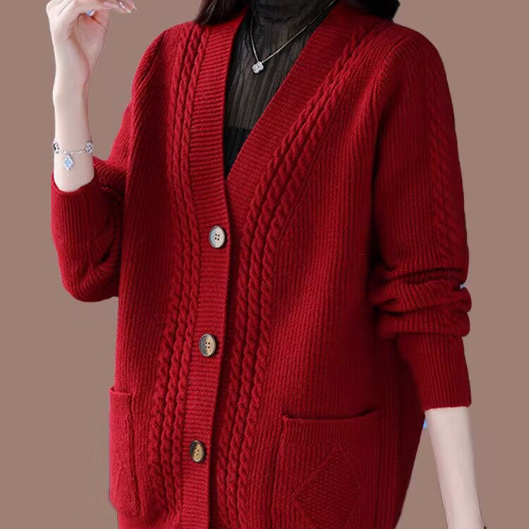 2025年外搭毛衣外套女秋冬加厚宽松大码中老年胖妈妈麻花针织开衫