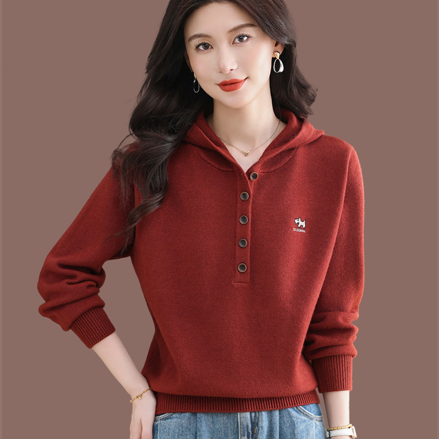 慵懒风连帽宽松保暖纯色女针织衫