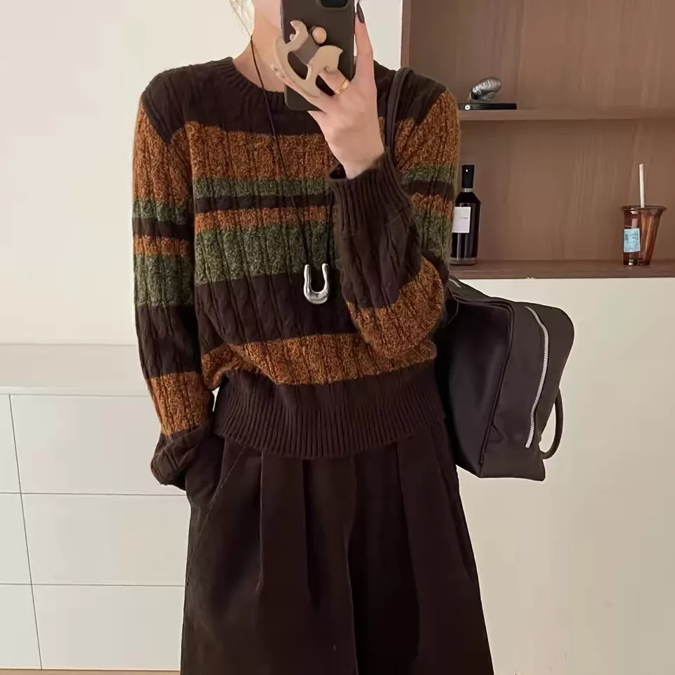 秋冬韩版撞色条纹麻花显瘦毛衣女