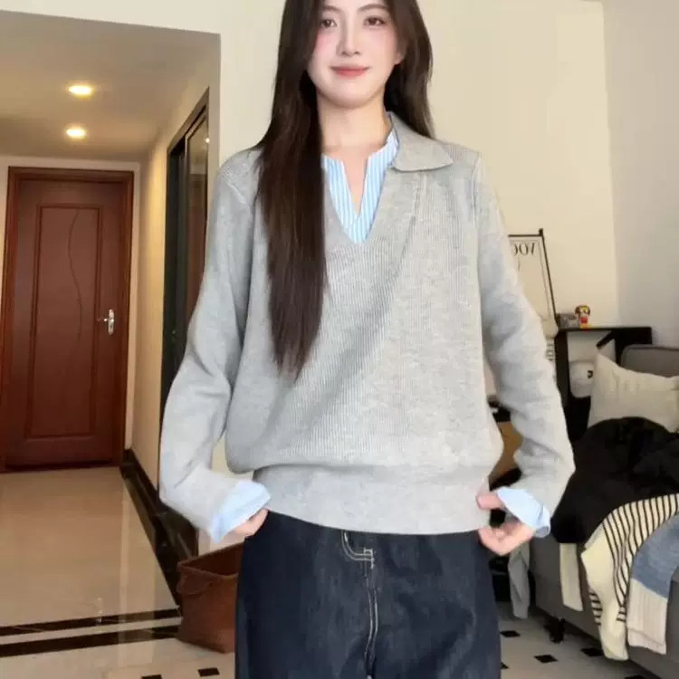 早春显瘦V领假两件撞色针织衫