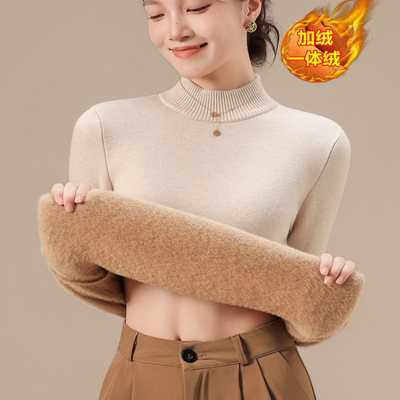 半高领加绒毛衣女加厚一体绒