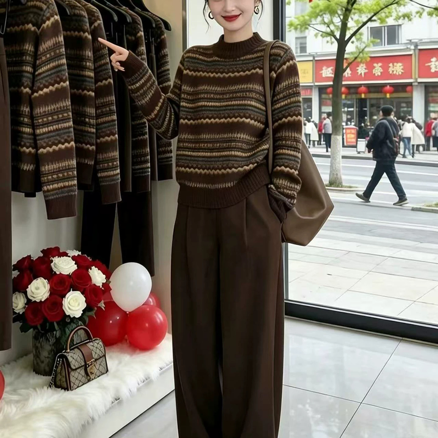 欧货秋冬复古条纹圆领撞色毛衣女