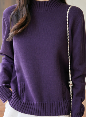 100%纯棉线针织衫女士半高领扭花打底衫宽松版加厚不起球全棉上衣