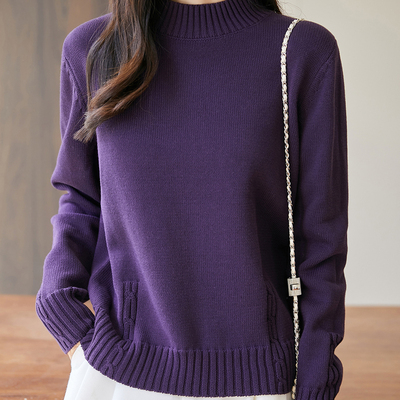 100%棉线女半高领加厚针织衫