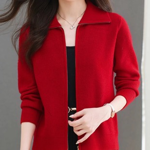 2025针织开衫 中年翻领拉链加厚红色宽松毛衣外套毛线衣 女秋冬新款