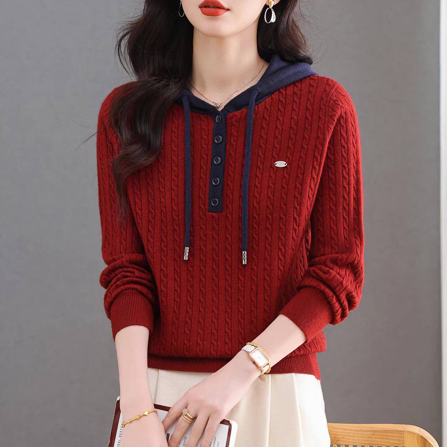 韩版撞色连帽针织衫卫衣女春秋新款拼色套头百搭显瘦时尚麻花毛衣