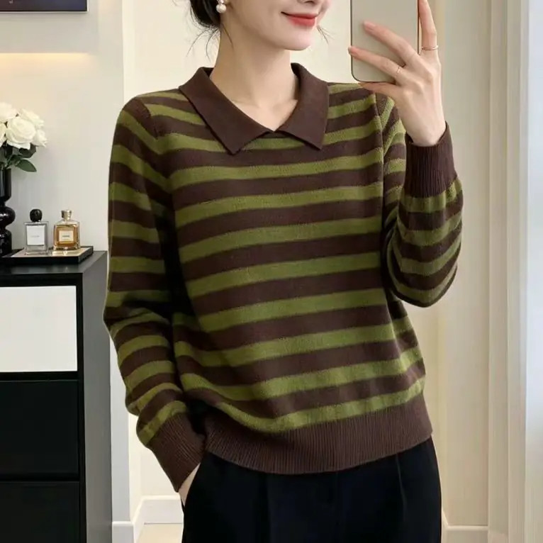 秋冬撞色条纹娃娃领针织衫女