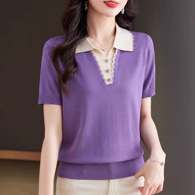 夏季2025时尚新款短袖t恤女蚕丝中年上衣冰丝短款翻领宽松针织衫