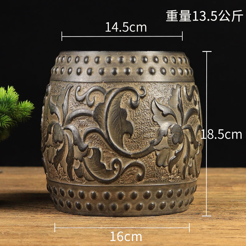 中式复古天然青石整料雕刻缠枝莲竖鼓立鼓石鼓墩装饰摆件花盆底座