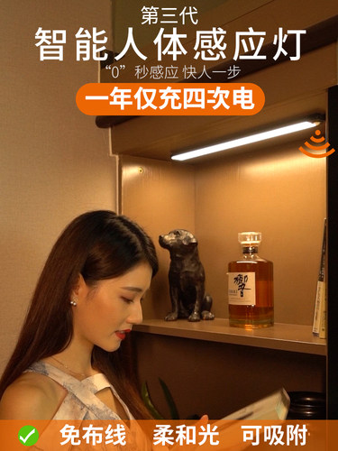人体感应灯条灯带可充电Led无线厨房USB自动衣柜灯条磁性橱柜灯