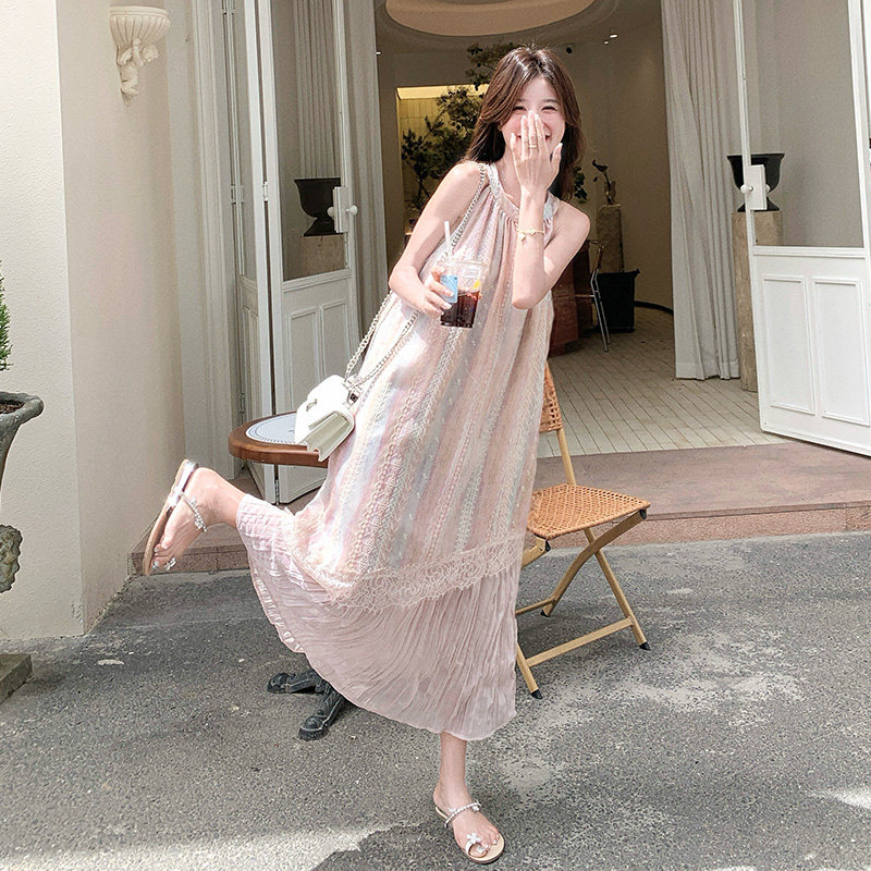 夏日度假风粉色挂脖连衣裙女2025新款超火好看无袖宽松鱼尾长裙子,女装连衣裙,浙宝139