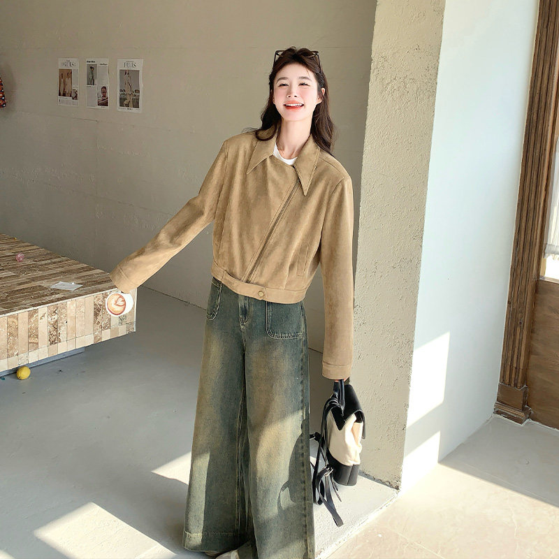 卡其色复古麂皮绒外套女2025春季新款又酷又飒休闲短款机车风上衣,女装短外套,浙宝139