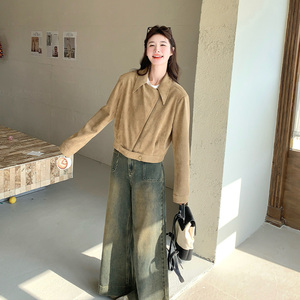 卡其色复古麂皮绒外套女2025春季新款又酷又飒休闲短款机车风上衣图片