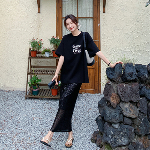 巨好看减龄穿搭黑色休闲套装女夏2025年绝美短袖配亮片长裙两件套图片