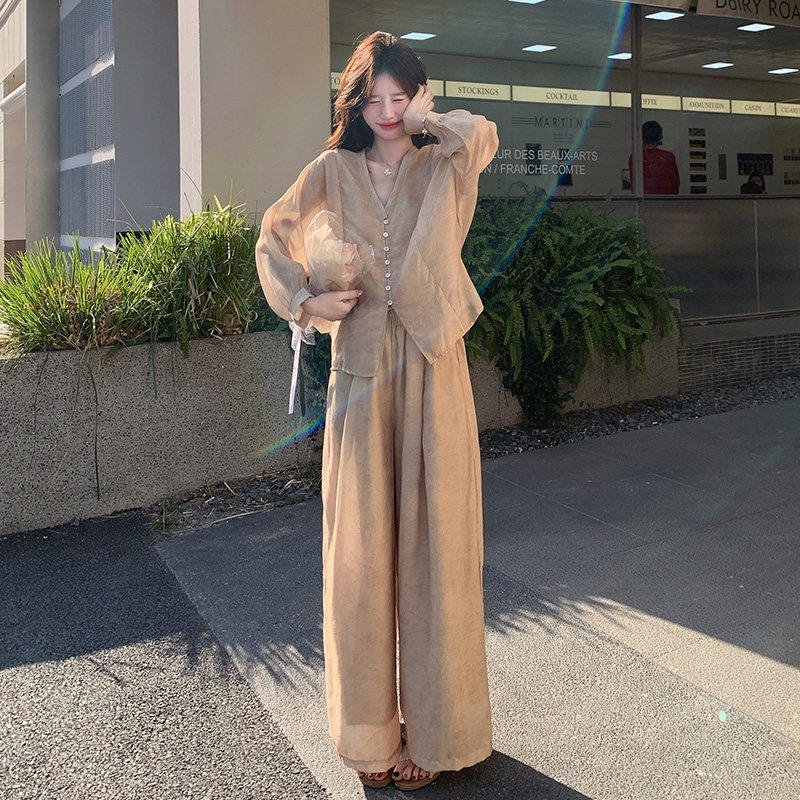 新中式国风套装女2025春季新款高级感气质显瘦衬衫阔腿裤两件套,女装套装/套裙,浙宝139