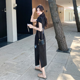 新中式短袖刺绣立领中长裙旗袍印花气质少女裙子显瘦时尚夏季黑色，女装连衣裙，浙宝139