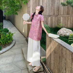 新中式国风套装女2025夏新款时尚气质盘扣短袖衬衫阔腿裤两件套图片