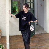 巨好看减龄穿搭黑色休闲套装女夏2025年绝美短袖配亮片长裙两件套，女装套装/套裙，浙宝139