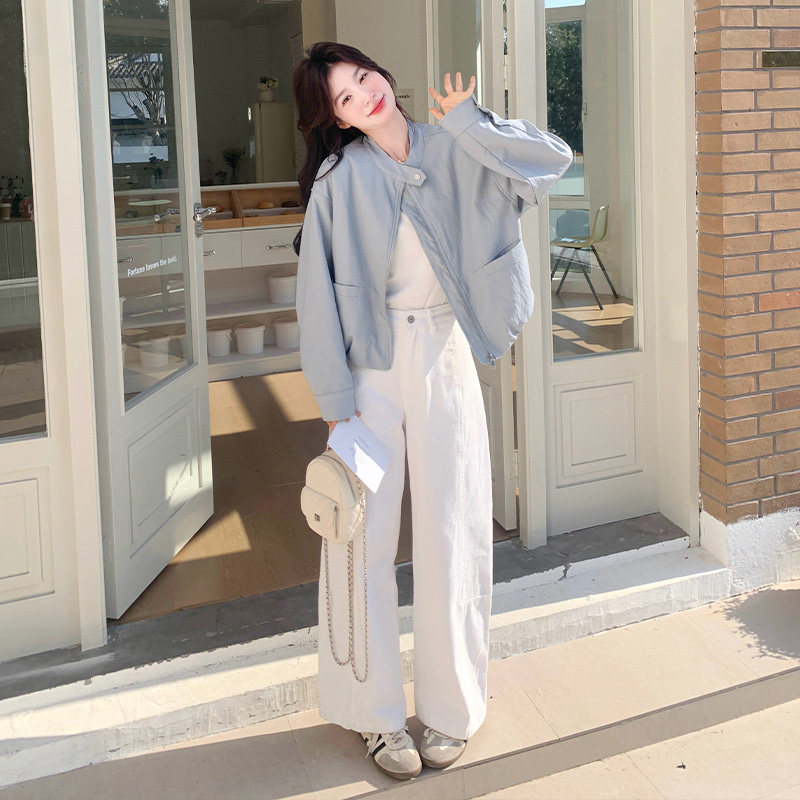 蓝色立领皮衣外套女2025春季新款韩系小个子休闲百搭短款PU皮夹克图片