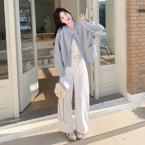 蓝色立领皮衣外套女2025春季新款韩系小个子休闲百搭短款PU皮夹克图片