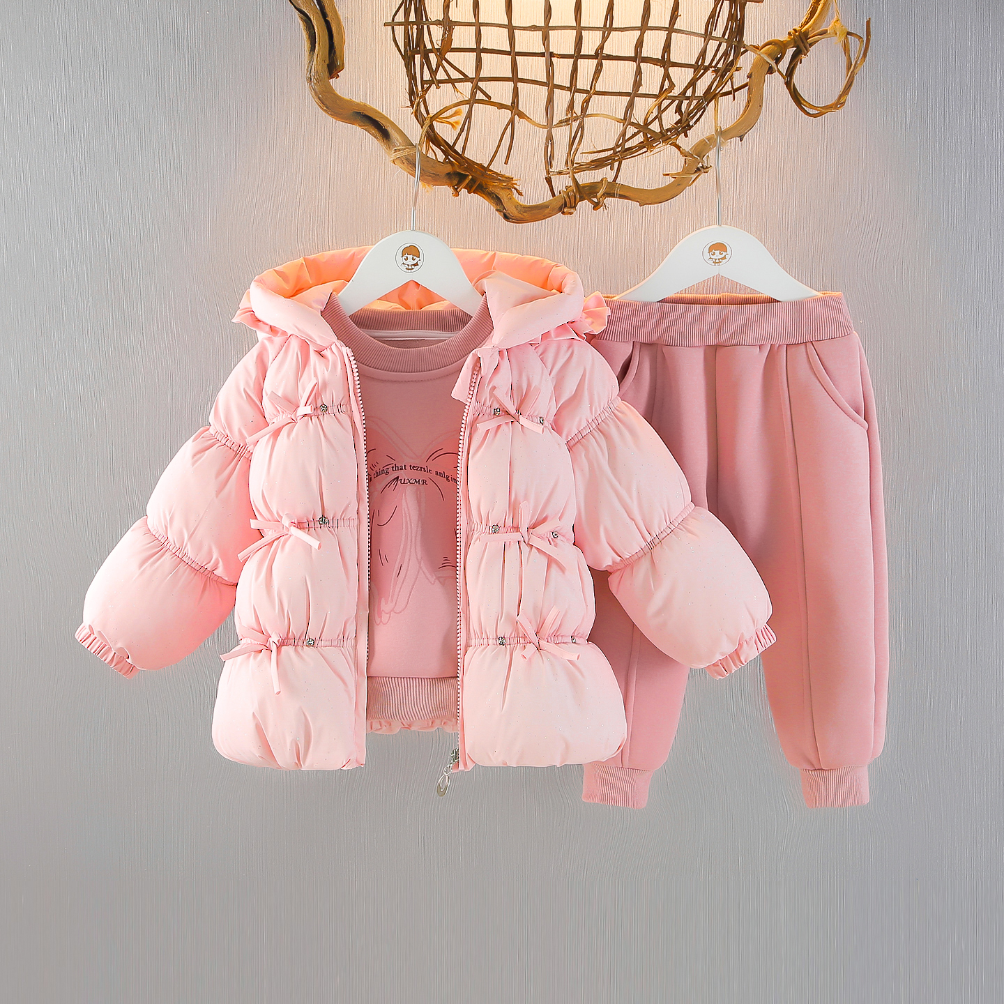 女童加绒冬装棉服卫衣三件套