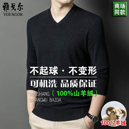 【可机洗】雅戈尔商务休闲100%纯山羊绒保暖V领羊毛针织衫毛衣男