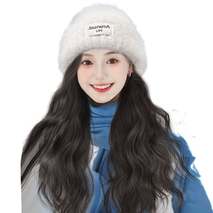 帽子假发一体女秋冬百搭仿真发水波纹长卷发毛线帽整顶假发全头套