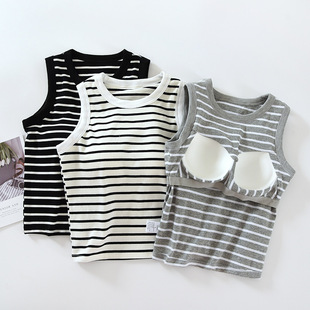 纯棉带胸垫宽肩背心齐腰短款条纹上衣女无袖打底BRAT罩杯一体内衣