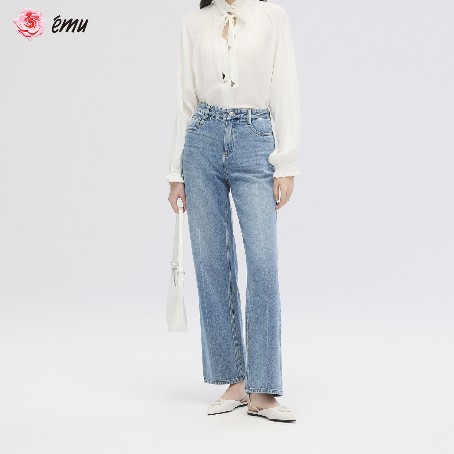 依妙EMU高腰直筒牛仔裤女2025秋款时尚简约显瘦复古水洗长裤