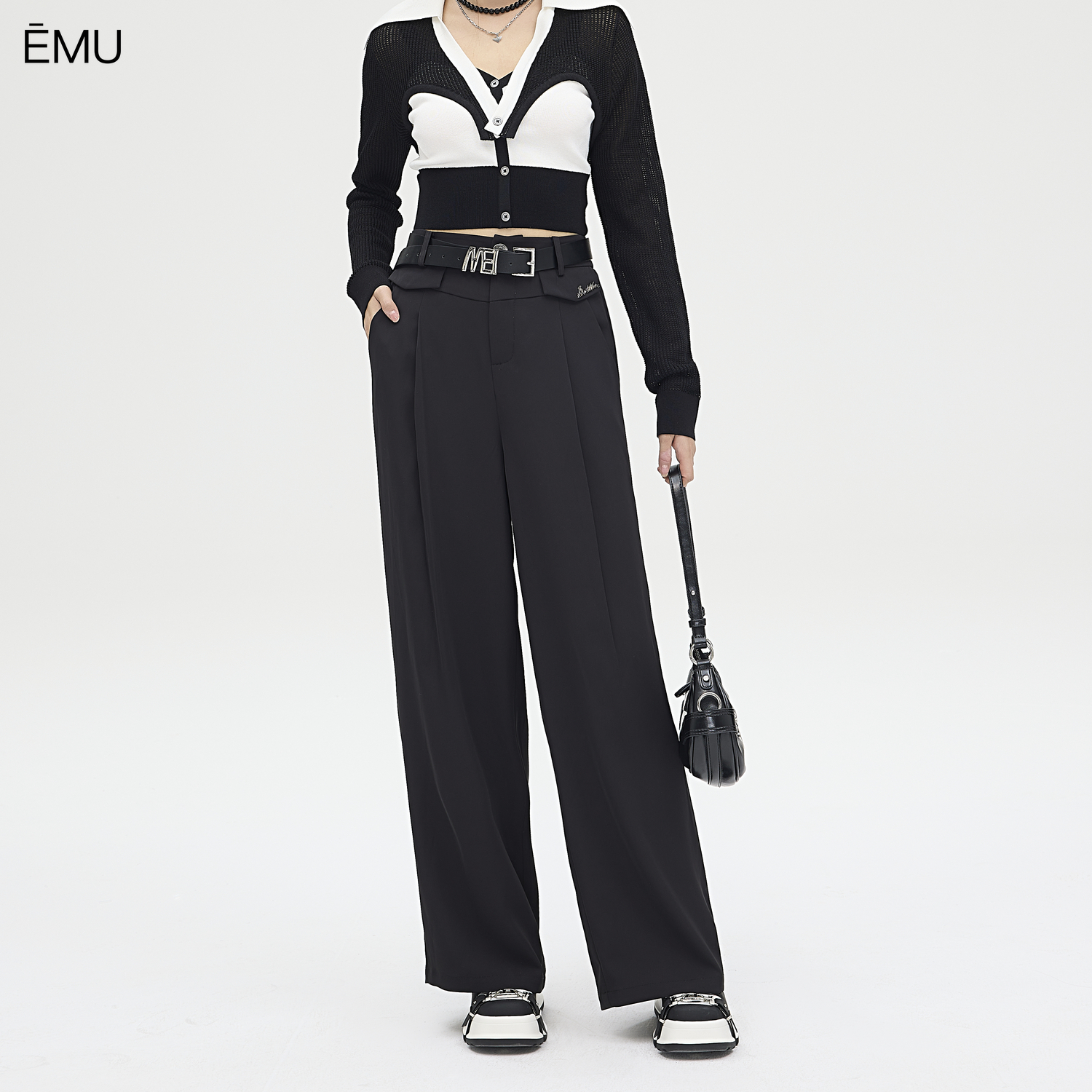 依妙EMU时尚休闲长裤女2025秋季款百搭高腰垂感拉链口袋直筒裤