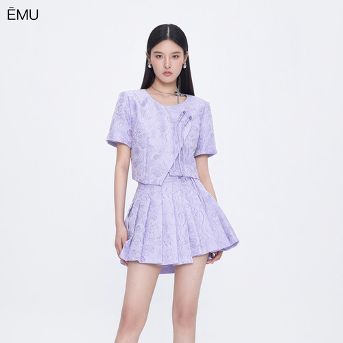 依妙EMU新中式国风提花套装2025秋季新款紫色百褶裙上衣两件套