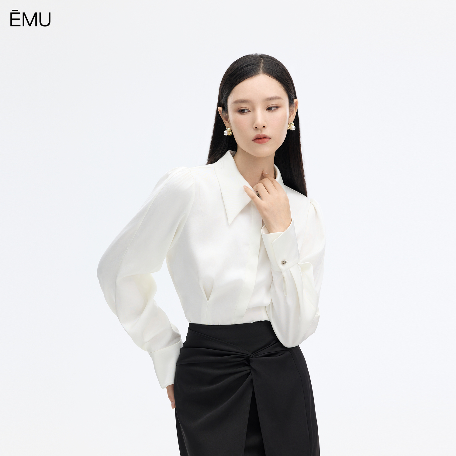 依妙EMU衬衫女长袖2025秋季新款通勤百搭收腰褶皱抽褶衬衣