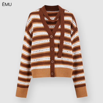 依妙EMU条纹毛织外套秋季韩系慵懒风撞色横纹镂空V领长袖上衣