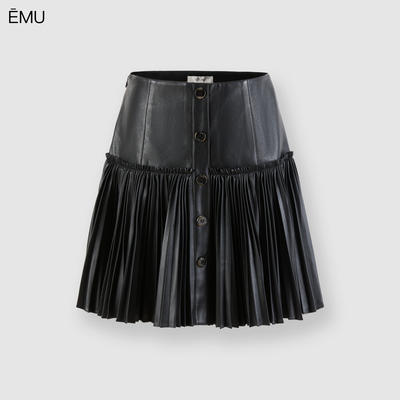 依妙EMU百褶女半裙冬季新款复古甜酷风单排纽扣PU高腰短裙