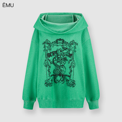 依妙EMU纯棉印花连帽卫衣冬季宽松宽领口慵懒风套头长袖上衣