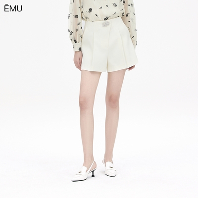 依妙EMU高腰阔腿短裤女白色2025夏季新款时尚金属扣宽松裤子