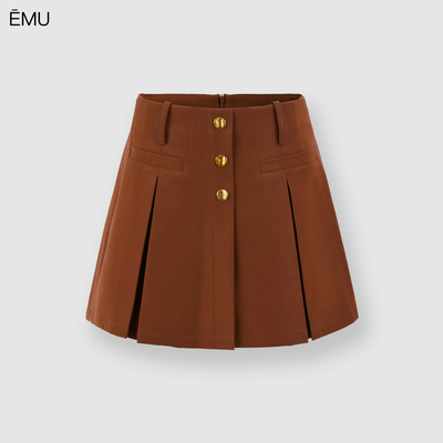 依妙EMU高腰百褶PU短裤复古休闲百搭淑女款