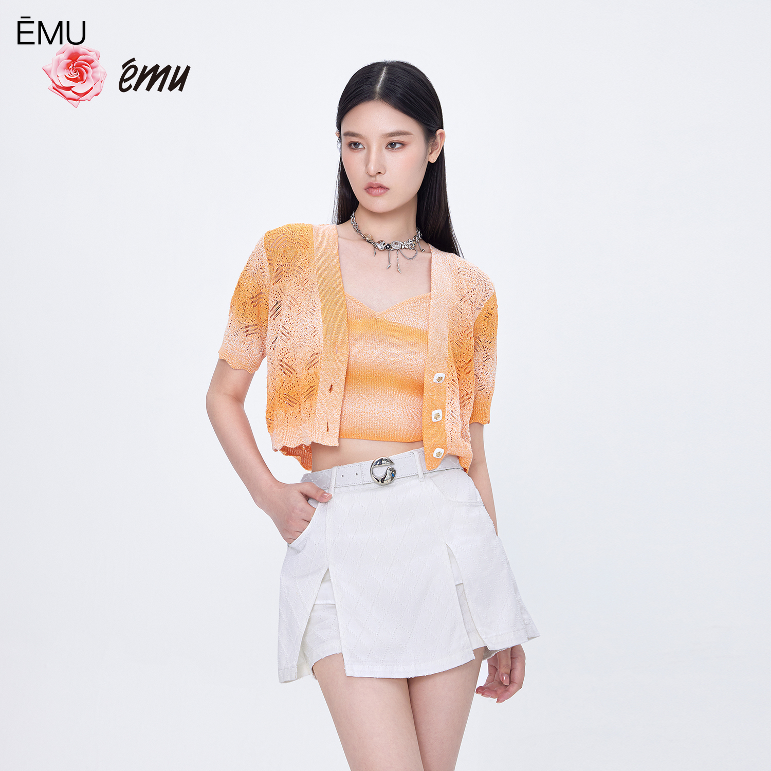 依妙EMU针织开衫套装短袖2025夏新款气质百搭镂空上衣两件套