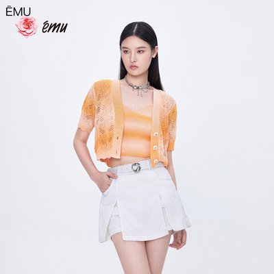 依妙EMU针织开衫套装短袖2025夏新款气质百搭镂空上衣两件套
