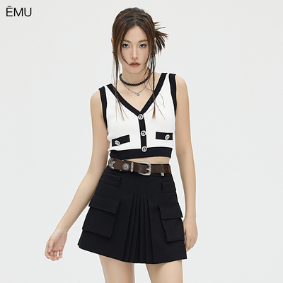 依秒EMU针织衫女无袖修身V领背心短款马甲上衣撞色2025新女夏装