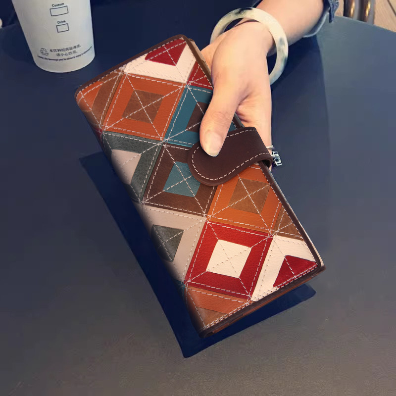小众设计拼接撞色钱包女长款几何图案多卡位大容量气质手拿包,箱包皮具/热销女包/男包,钱包,淘宝优惠券,粉丝福利购,淘宝优惠卷