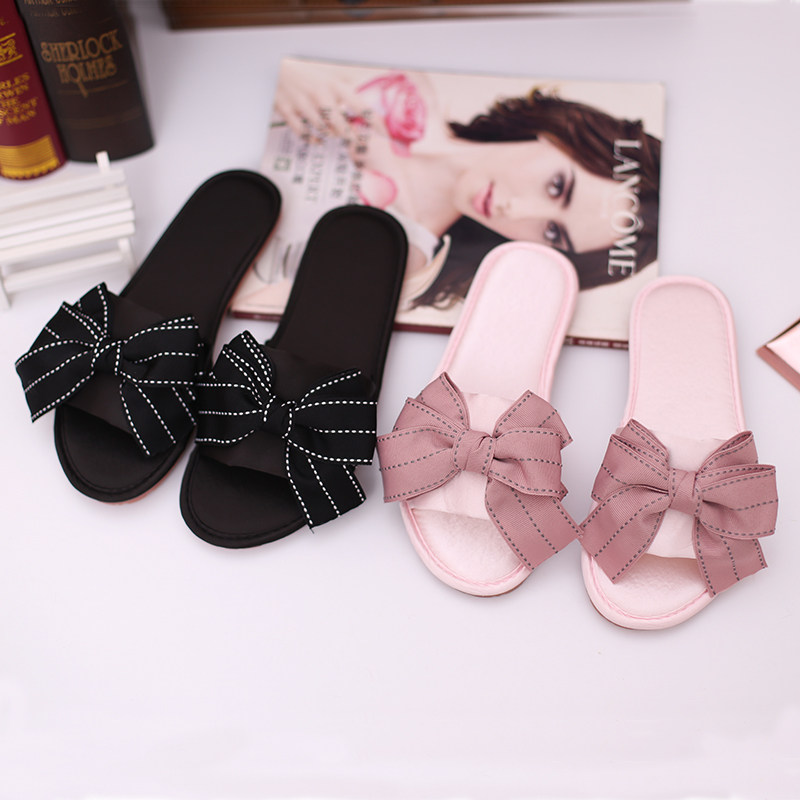 韩版拖鞋女夏蝴蝶结家居布艺室内地板一字拖可爱防滑时尚家用凉拖