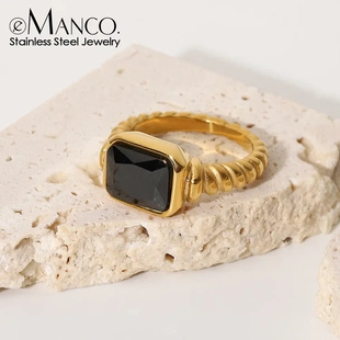 eManco法式 黑金戒指复古矩形玻璃戒指女士羊角包扭曲螺旋戒指手饰