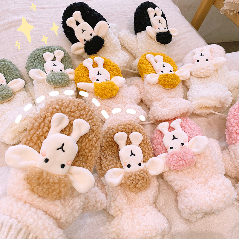 KOREAN VERSION OF INS GLOVES FEMALE WINTER CARTOON CUTE VELVET THICKENED STUDENT WINTER RIDING COLD AND WARM CAN BE HALTERED